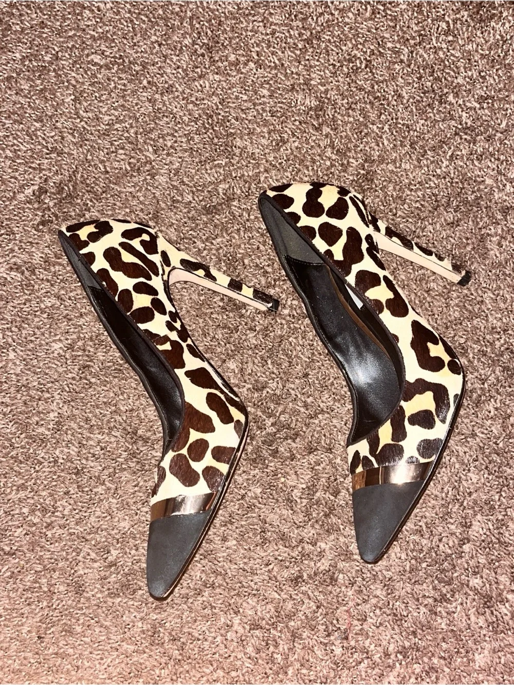 Y2K Glam Leopard Print Pony Hair Pointed Pumps w/ Gold & Black Toe